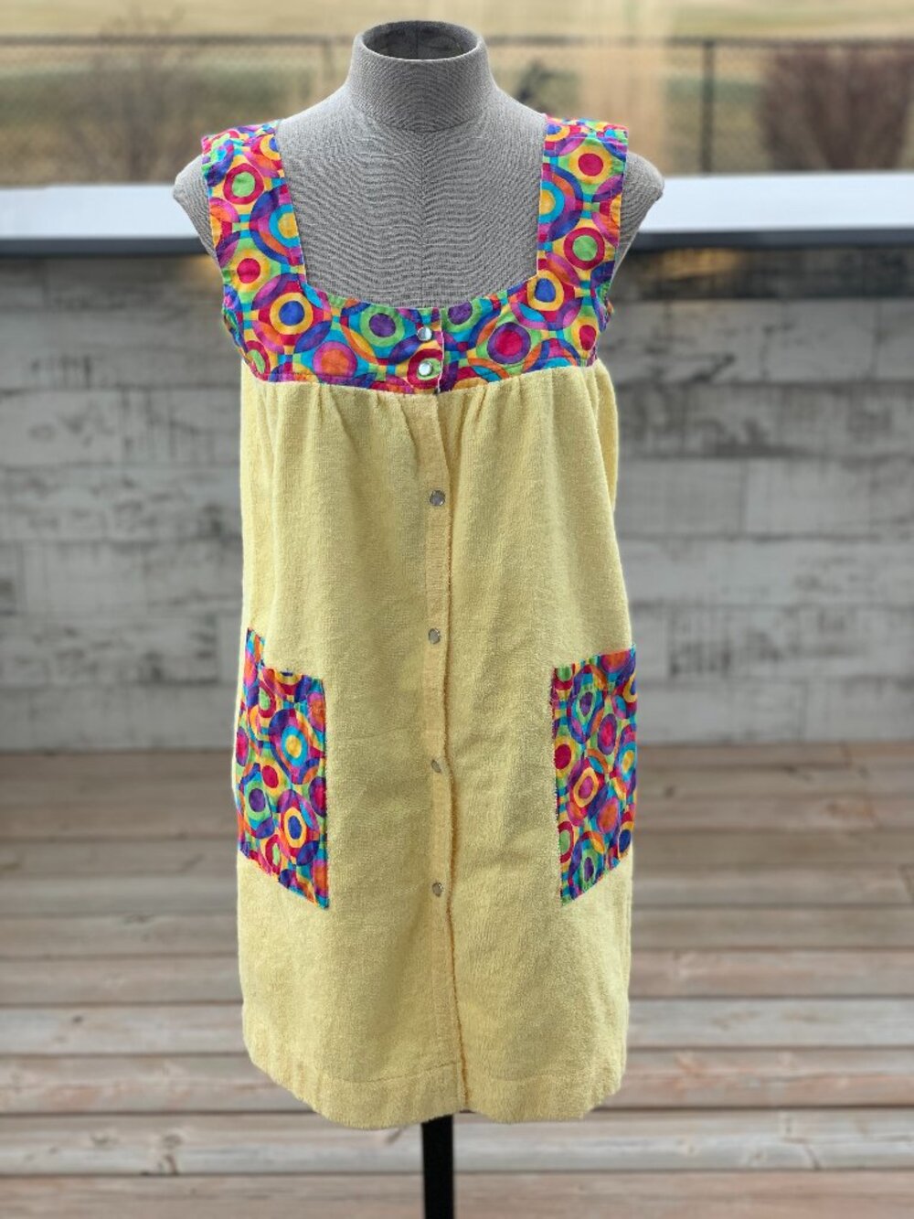 Vintage 60s Swim Cover-Up House Dress Yellow Terry Cloth Pearl Snap Pockets 70s